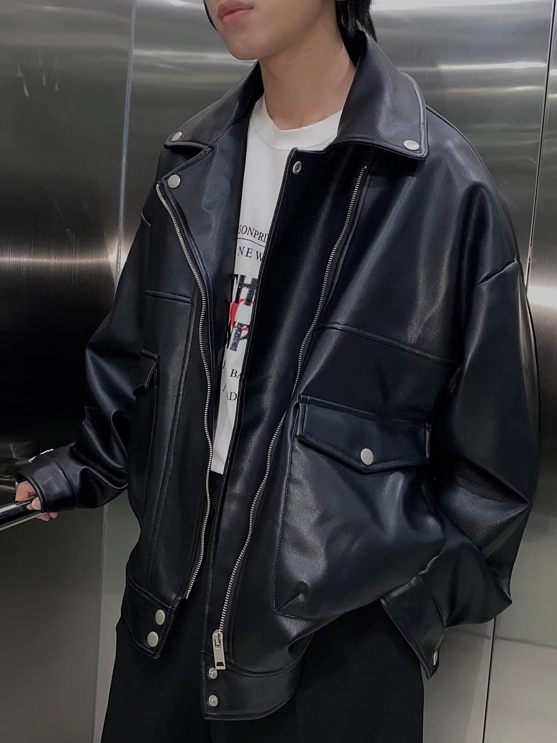 オーバサイズビッグポケットPUレザーライダースジャケット PY1806