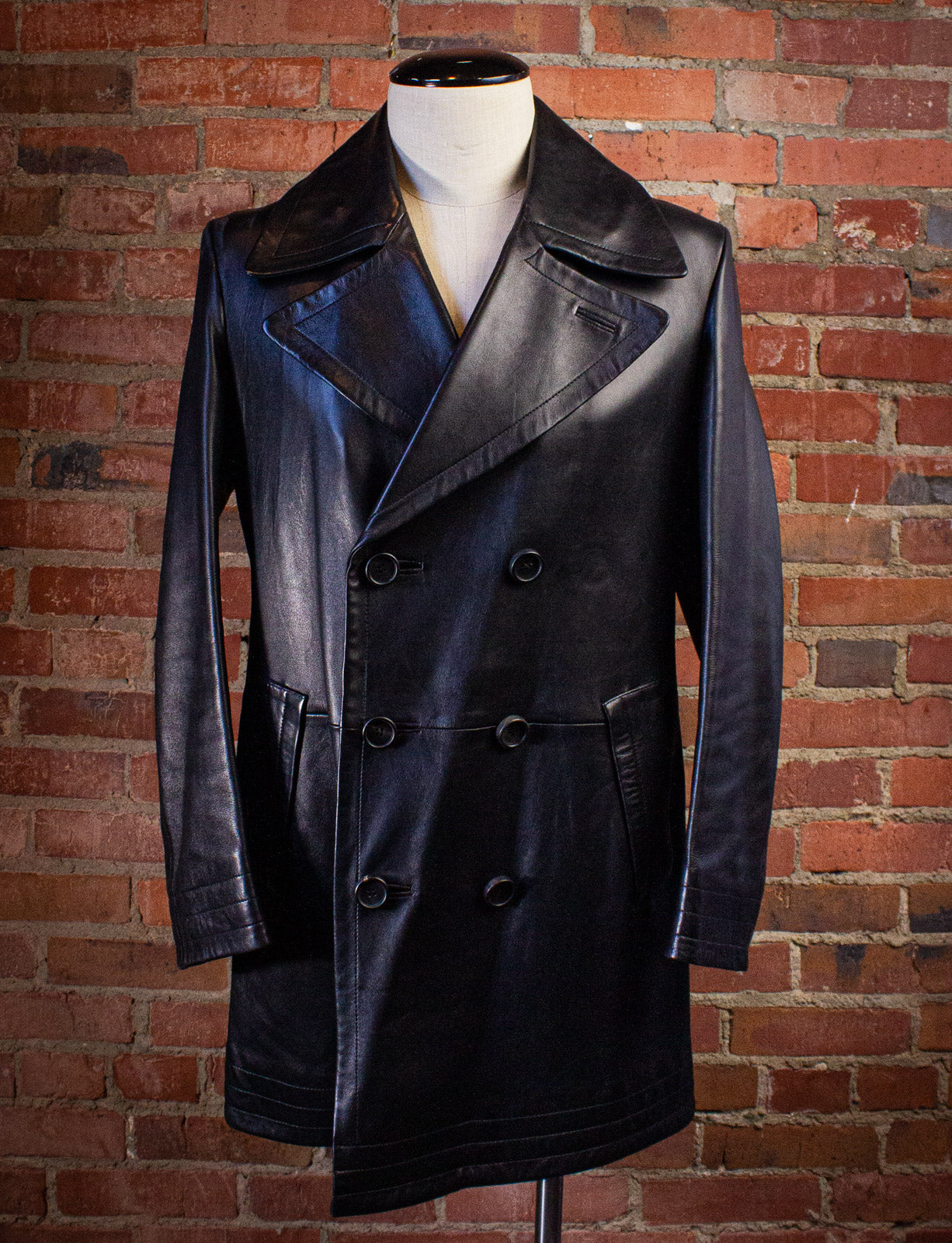 Vintage Gucci Double Breasted Black Leather Coat Tom Ford Era Y2K