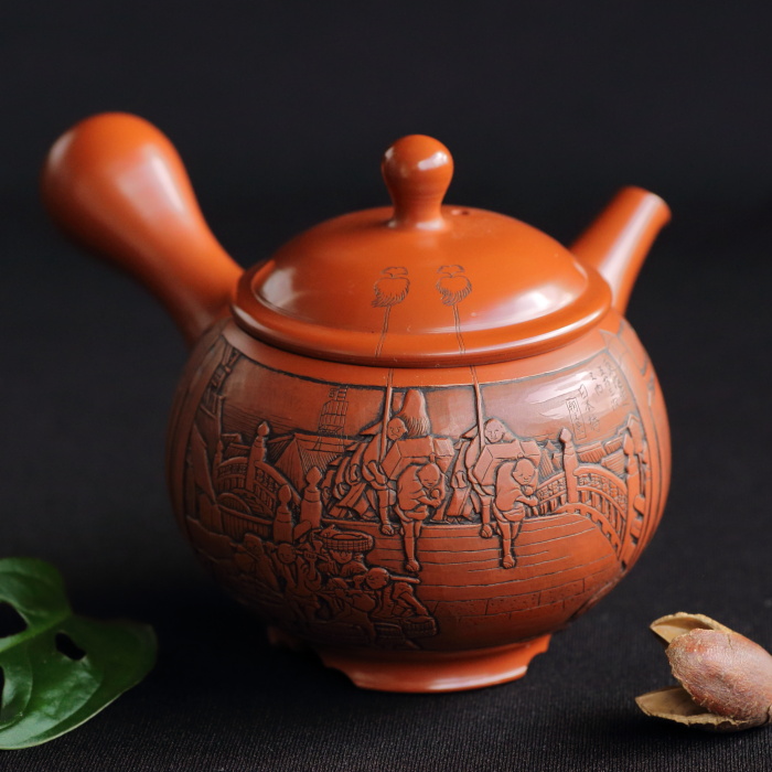 吉川雪堂 安藤広重 東海道五十三次日本橋朝之景彫急須 千尋彫 満容量