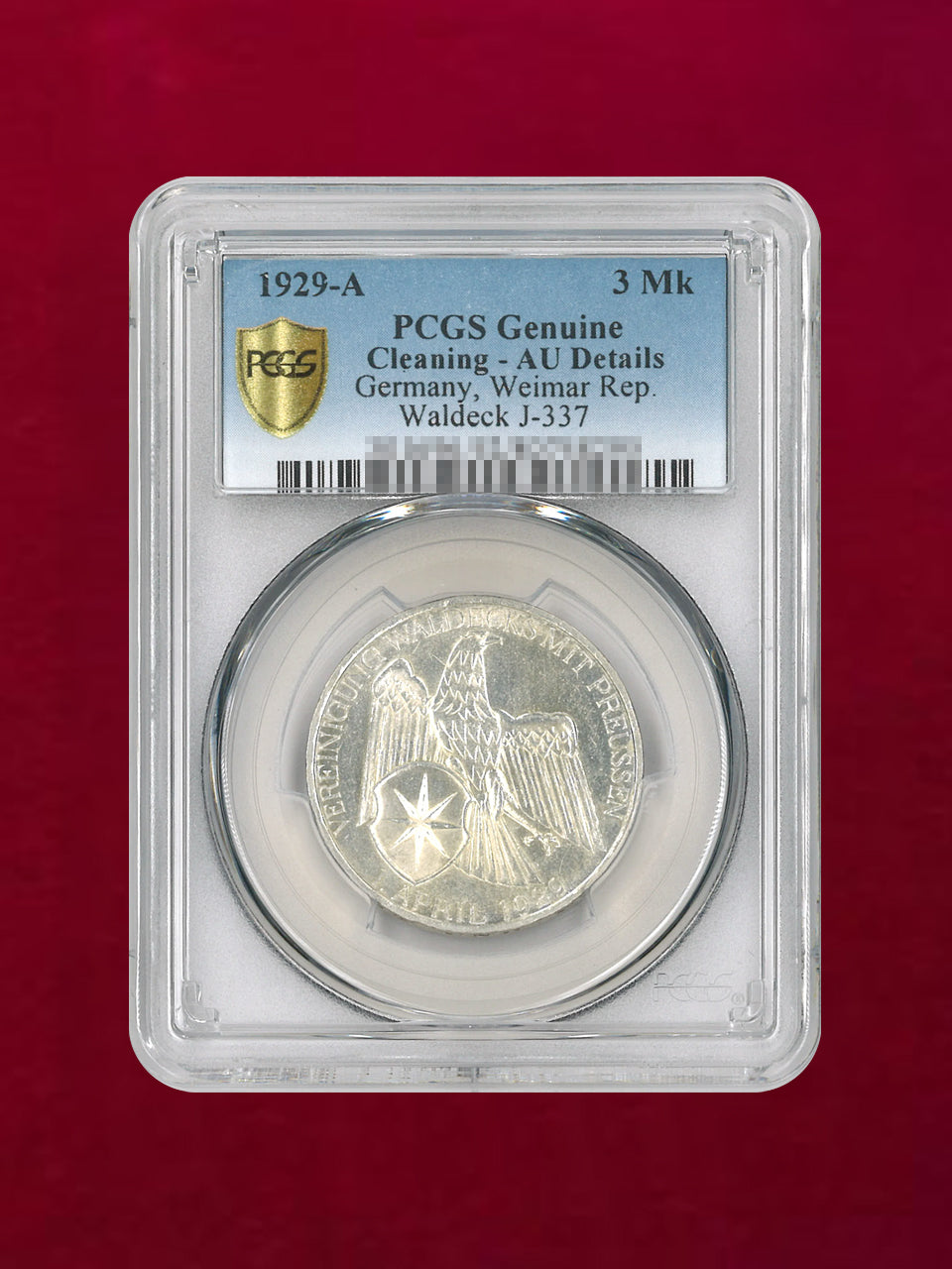 ドイツ・ワイマール共和国】3マルク 銀貨 1929A PCGS Genuine Cleaning
