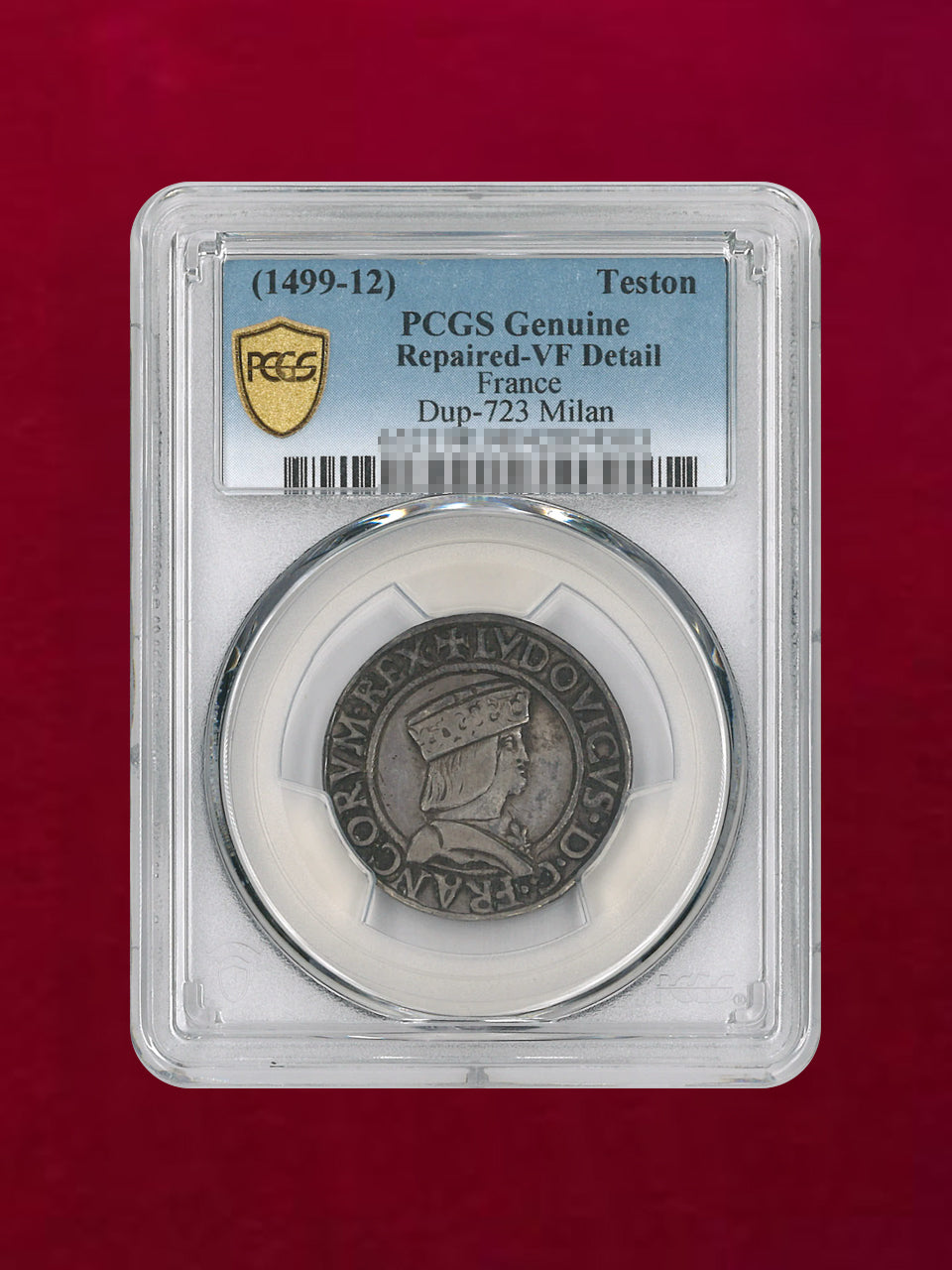 フランス】テストン 銀貨 1499-12 PCGS Genuine Repaired-VF Detail［B