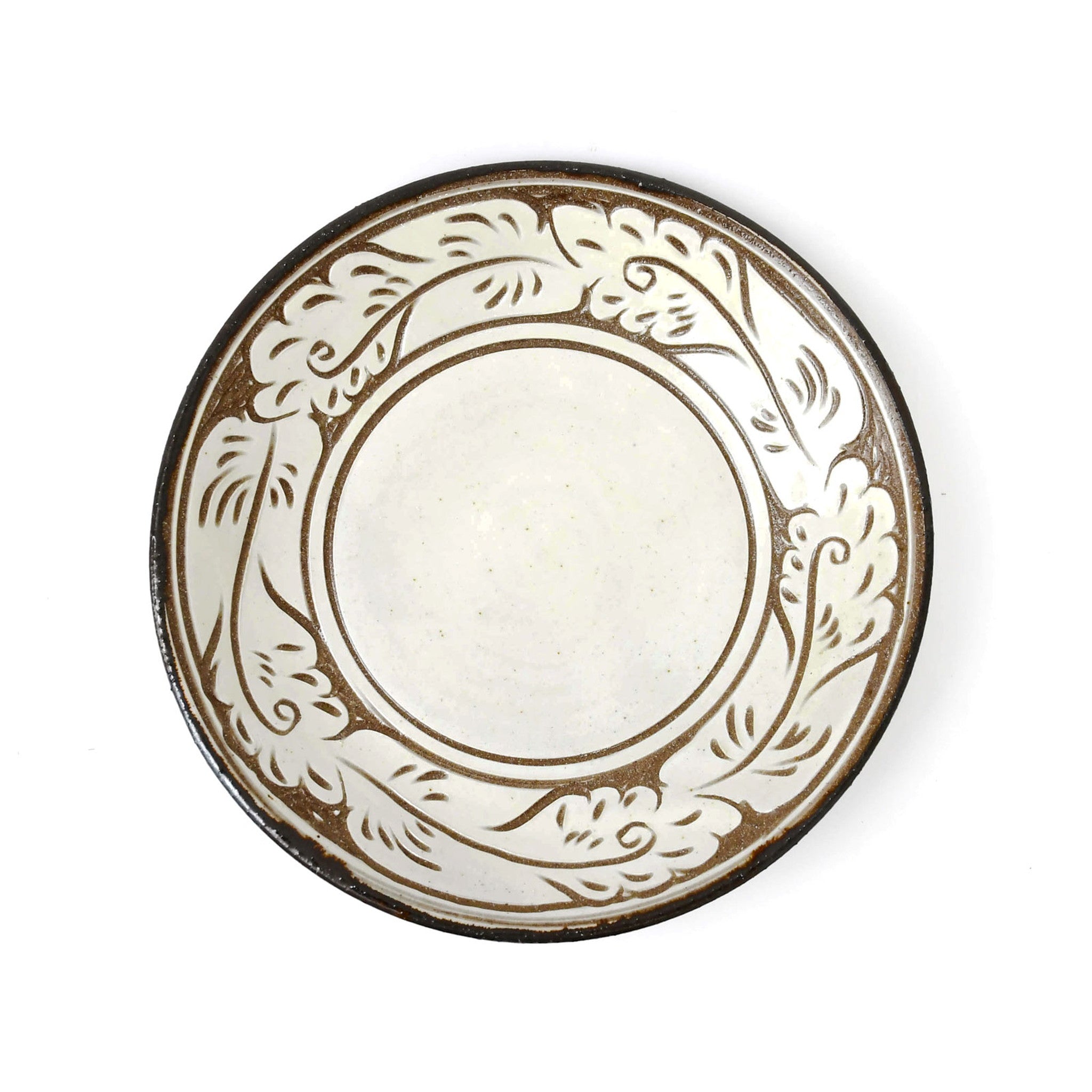 やちむん與那嶺】7寸皿白唐草線彫掻