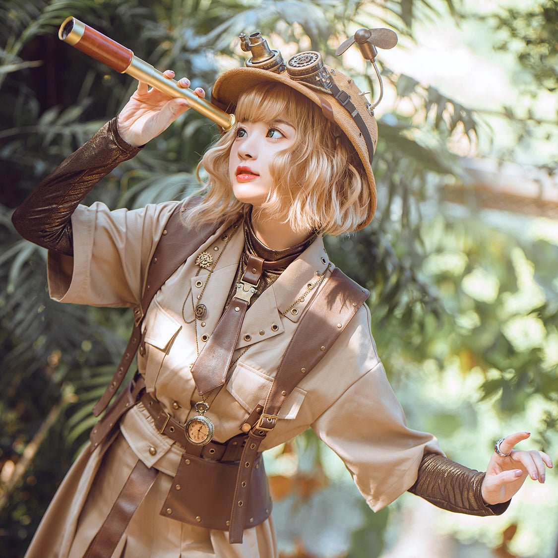 Steampunk archaeologist leather brown short sleeve top with tie