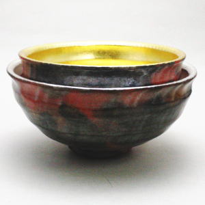 嶋台茶碗 松楽造 金銀一双茶碗 赤楽 共箱付き 茶道 裏千家 嶋台茶碗