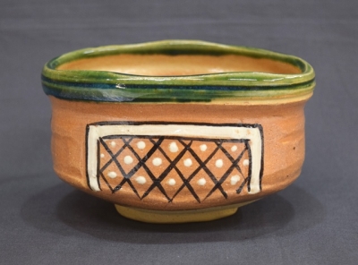 T558 茶碗 『鳴海織部』『御題茶碗』『景陶 造』 共箱 抹茶碗 茶道具