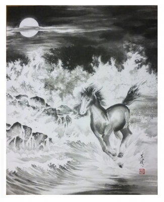 水墨画 馬と女性の絵画 馬の水墨画 墨絵 イラスト: 墨絵 イラスト