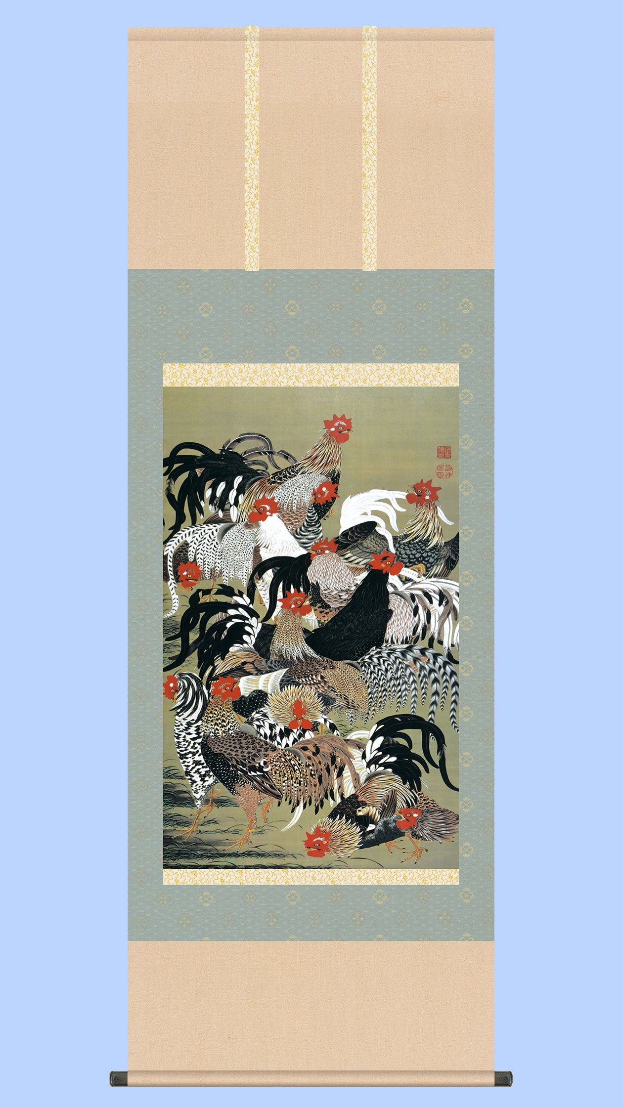 100】「一家全慶」 佐藤純吉作 掛軸 にわとり 100】「一家全慶」 佐藤