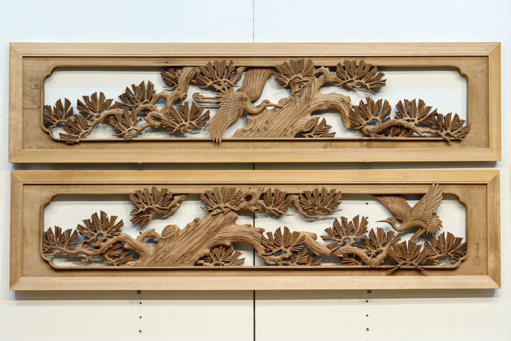 鶴と松 木彫 鶴と松木彫