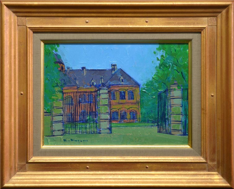 萩谷巌 板に油彩F4河原風景巨匠サロン・ドートンヌ審査員美術年鑑号43