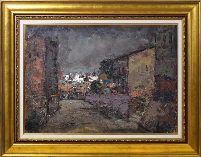 友成晴雄「海の見える風景（神戸）」油絵・P30号 絵画買取・販売の小竹美術