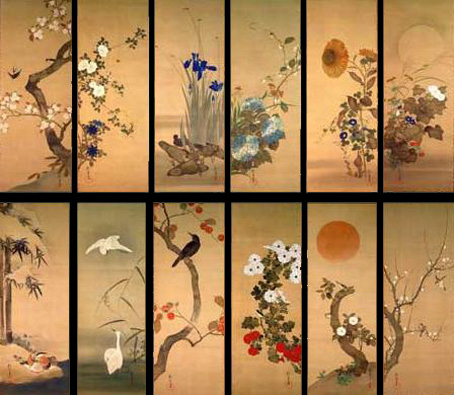 酒井抱一12ヶ月花鳥図 四季四幅（春 夏 秋 冬）NO88 定価432000