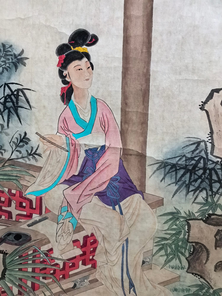 中国古美術・仕女図三尺画芯・純手描き・工筆・彩色画・仇英印款・書道