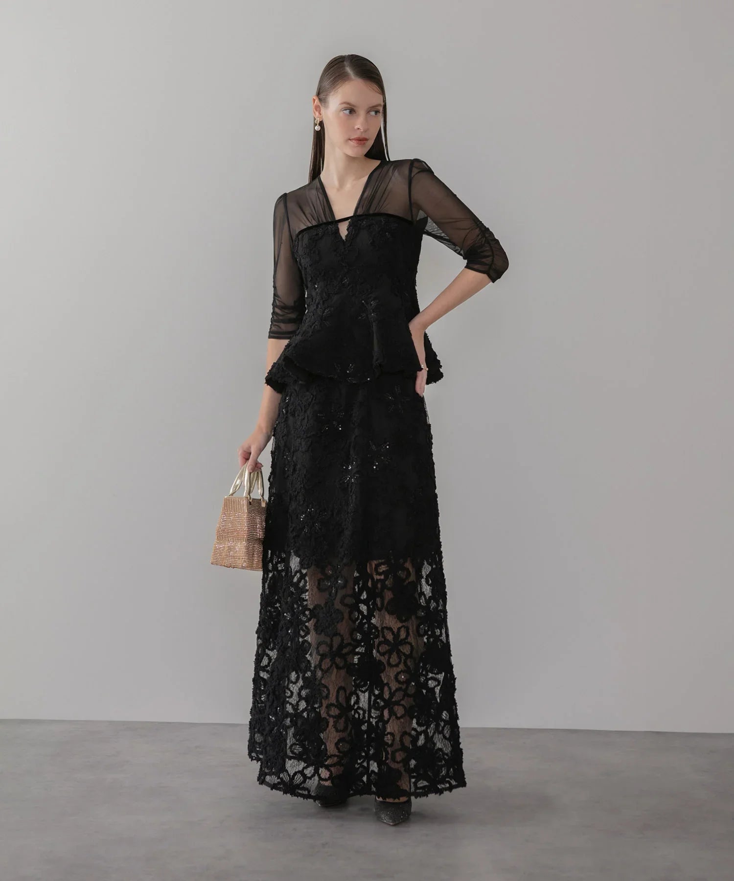 LEJA LUXE】フラワーレースペプラムセットアップドレス