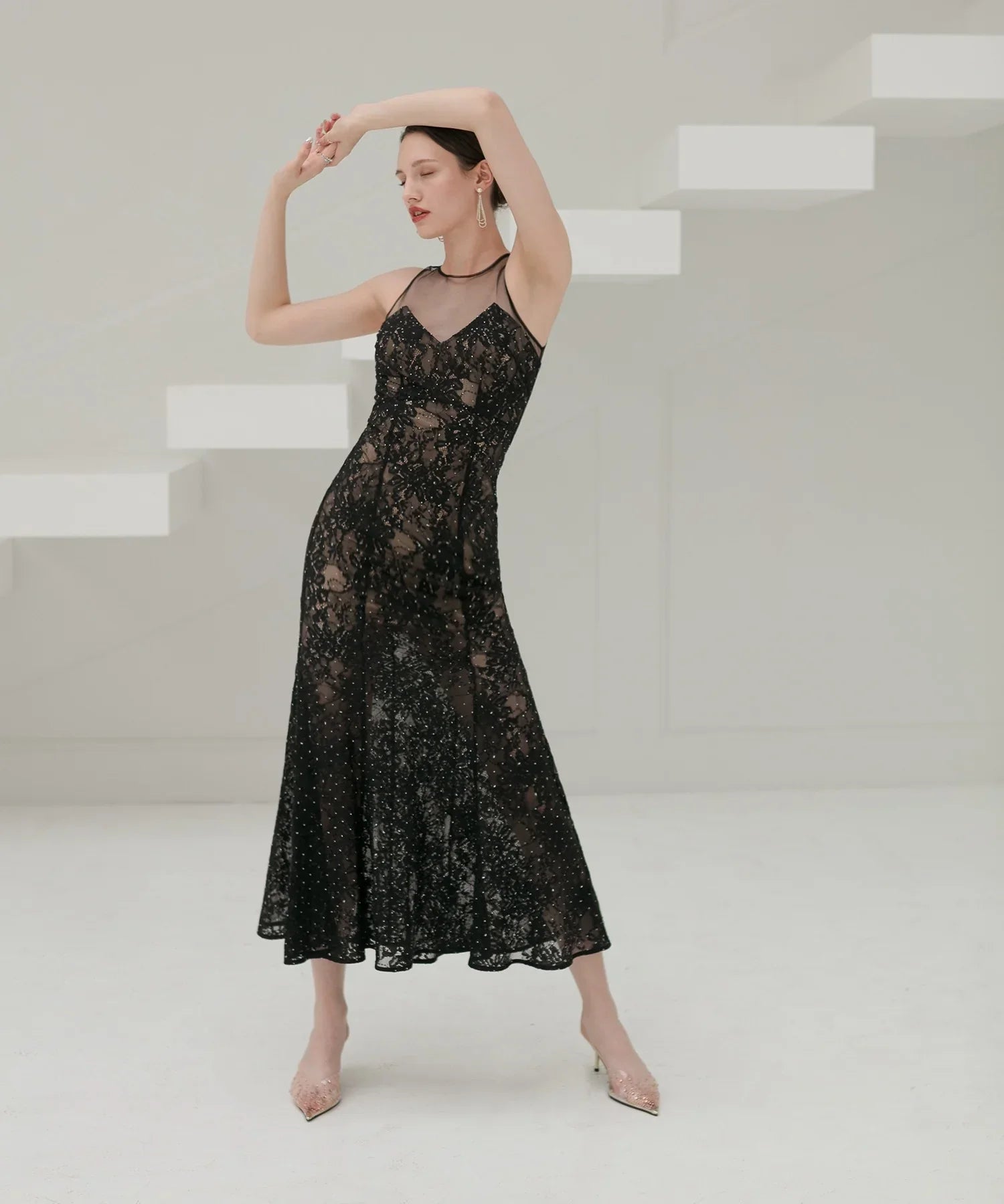 LEJA LUXE】レースストーンスパンコールフラワーマーメイドドレス