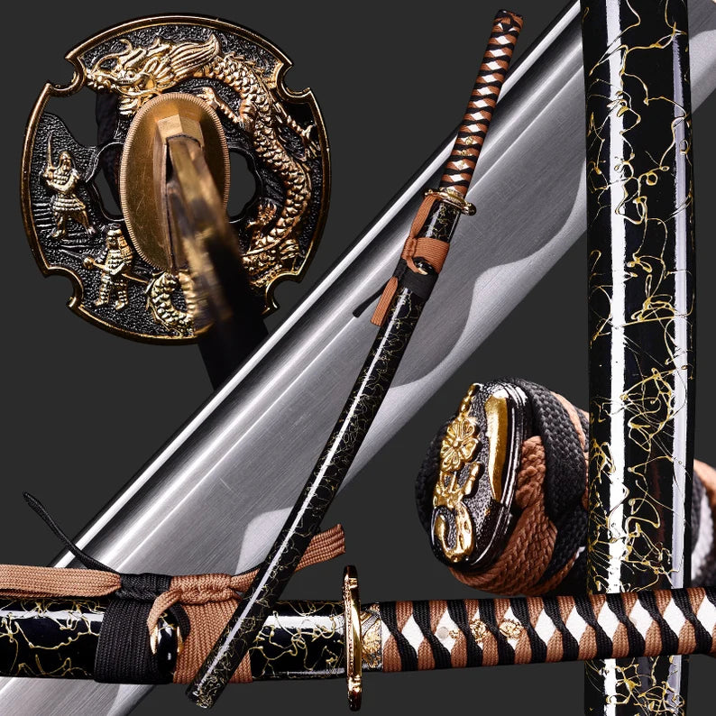 Dragonspring Katana - Black and Tan Dragon - 1060 Steel – RVA Katana