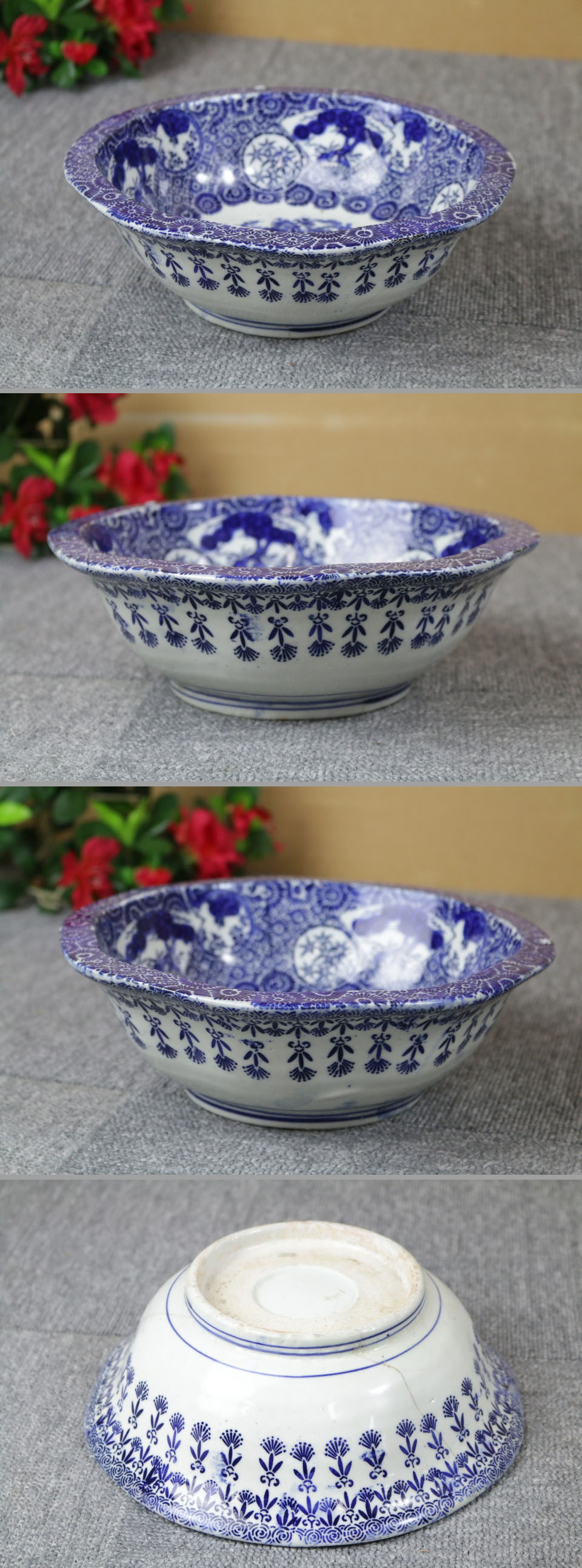 ☆華心☆ PPf-A361 古伊万里 染付 菊花四方襷紋に若松の図 6寸皿