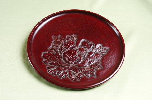 鎌倉彫 漆 お盆 水栓 手彫り 鎌倉彫 博古堂 漆塗り 洗朱お盆 後藤俊太郎