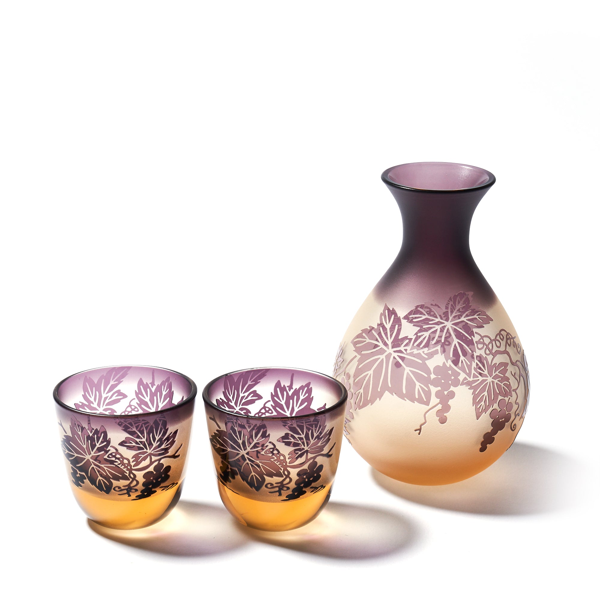 彫刻 夢柄子 ぶどう紋 酒器三点揃 アンバー/パープル 盃55ml 徳利210ml