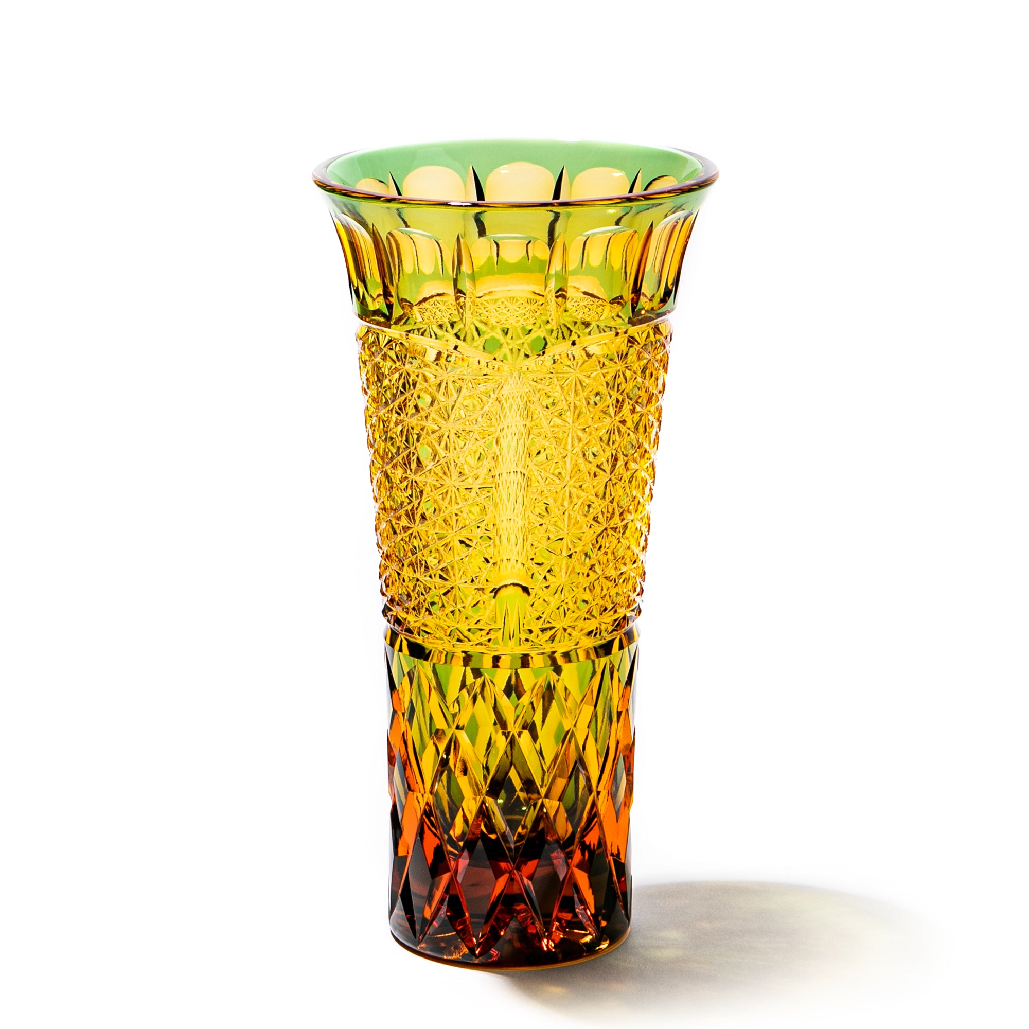 江戸切子 伝統工芸士 木村泰典 作 菊籠目紋 花瓶 琥珀緑 ｜江戸切子