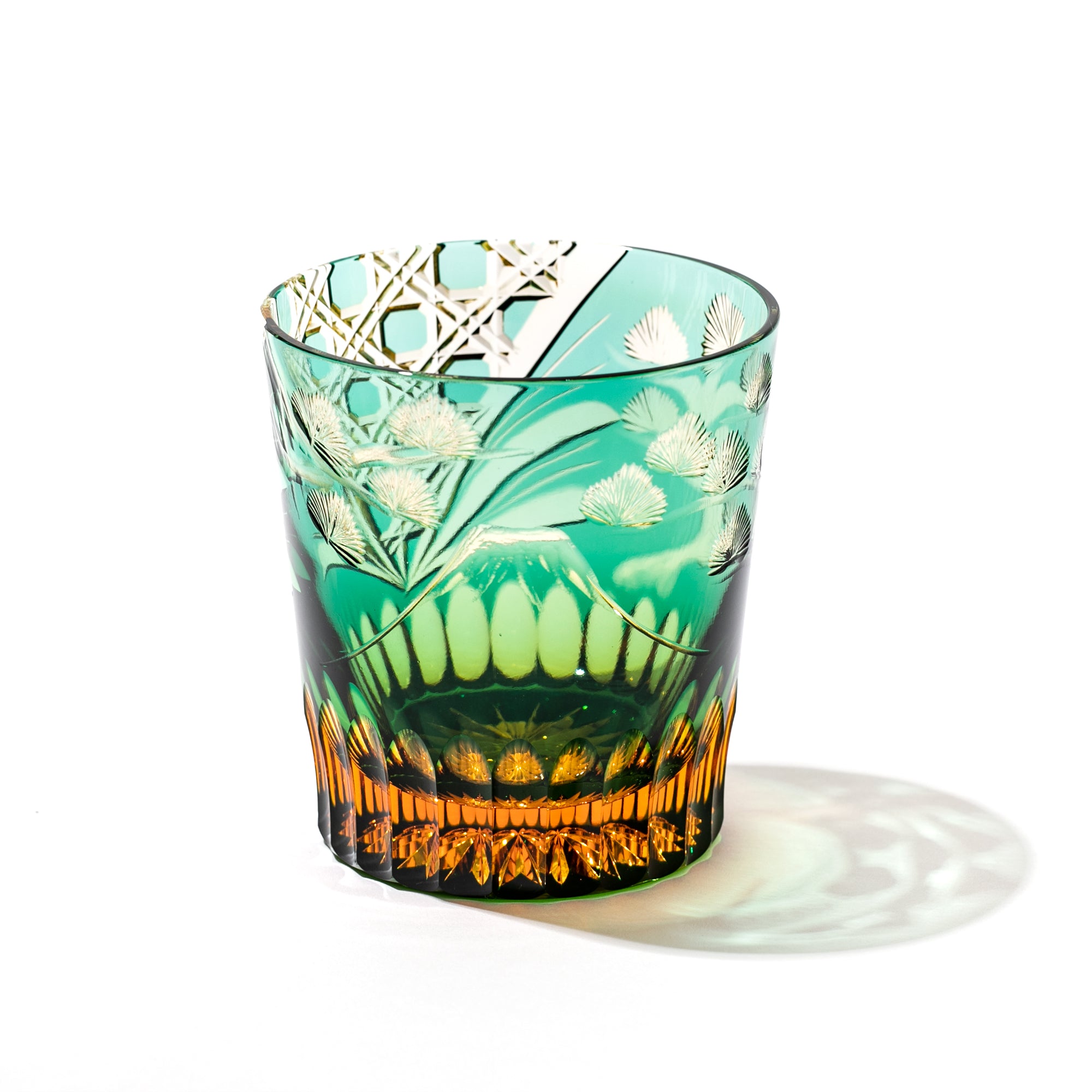 江戸切子 富士松に籠目紋 オールドグラス 琥珀緑 ｜江戸切子グラスなら