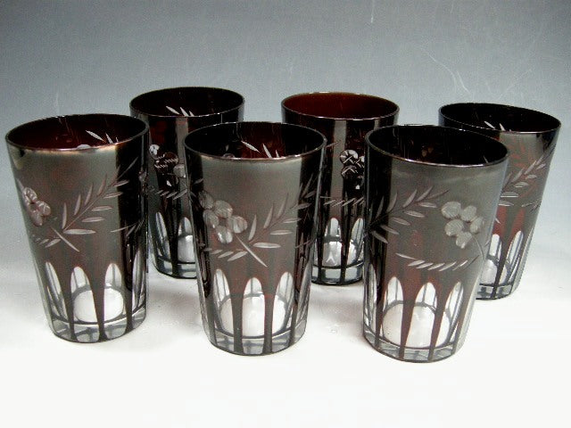 昭和レトロ 赤被せ切子 グラス 6客揃い 硝子 – smileantiques