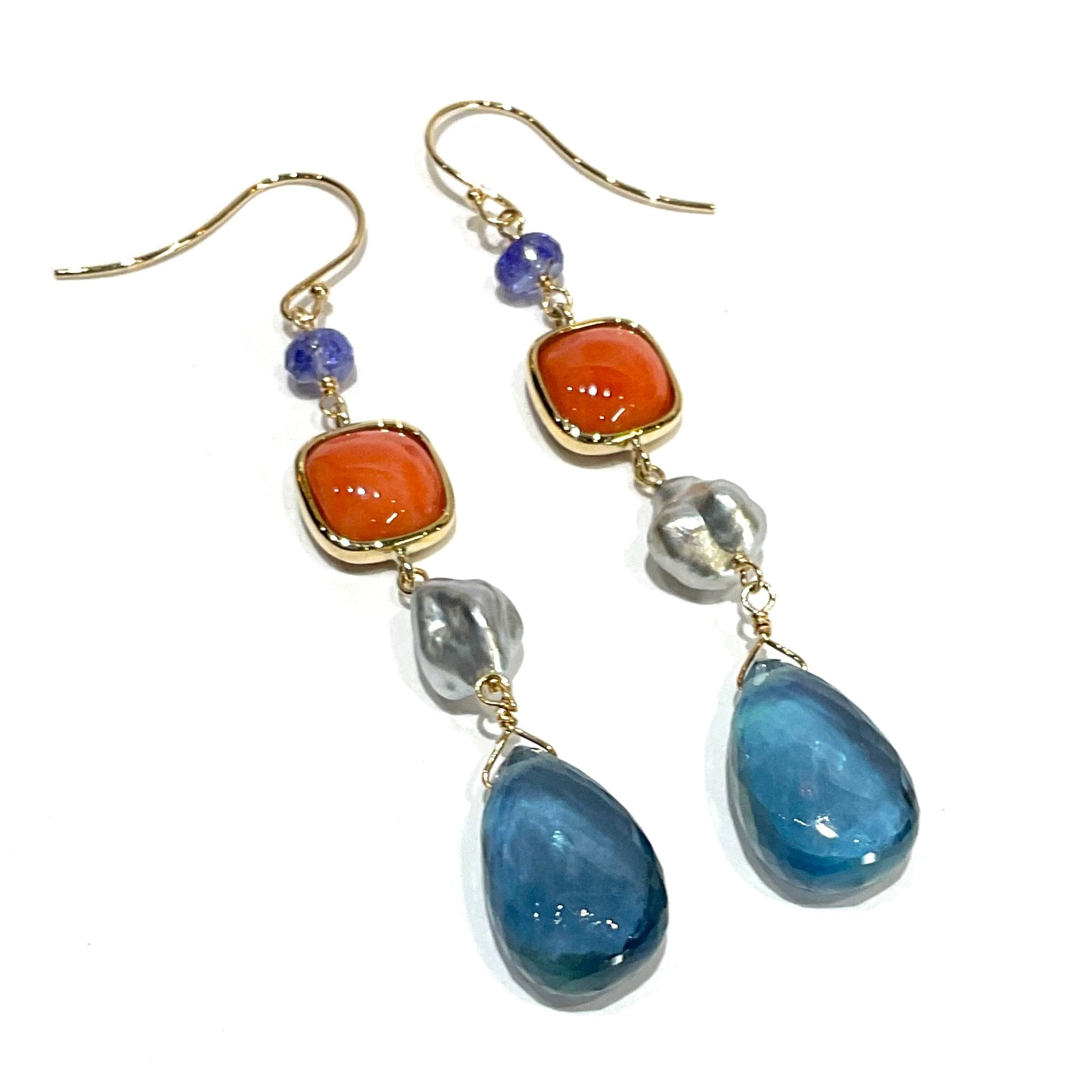 TILLA・EARTH K18YG Colors アクアマリン・桃珊瑚ピアス 石垣島