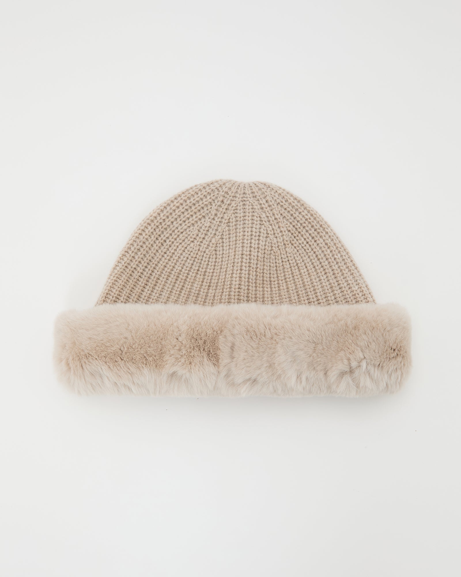 Cashmere wool knit beanie with rex rabbit fur - beige - Winter