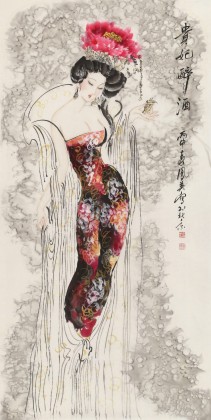 高級中国骨董 楊貴妃 貴妃醉酒 玉石絵画 工芸品 中国美術 高級中国骨董