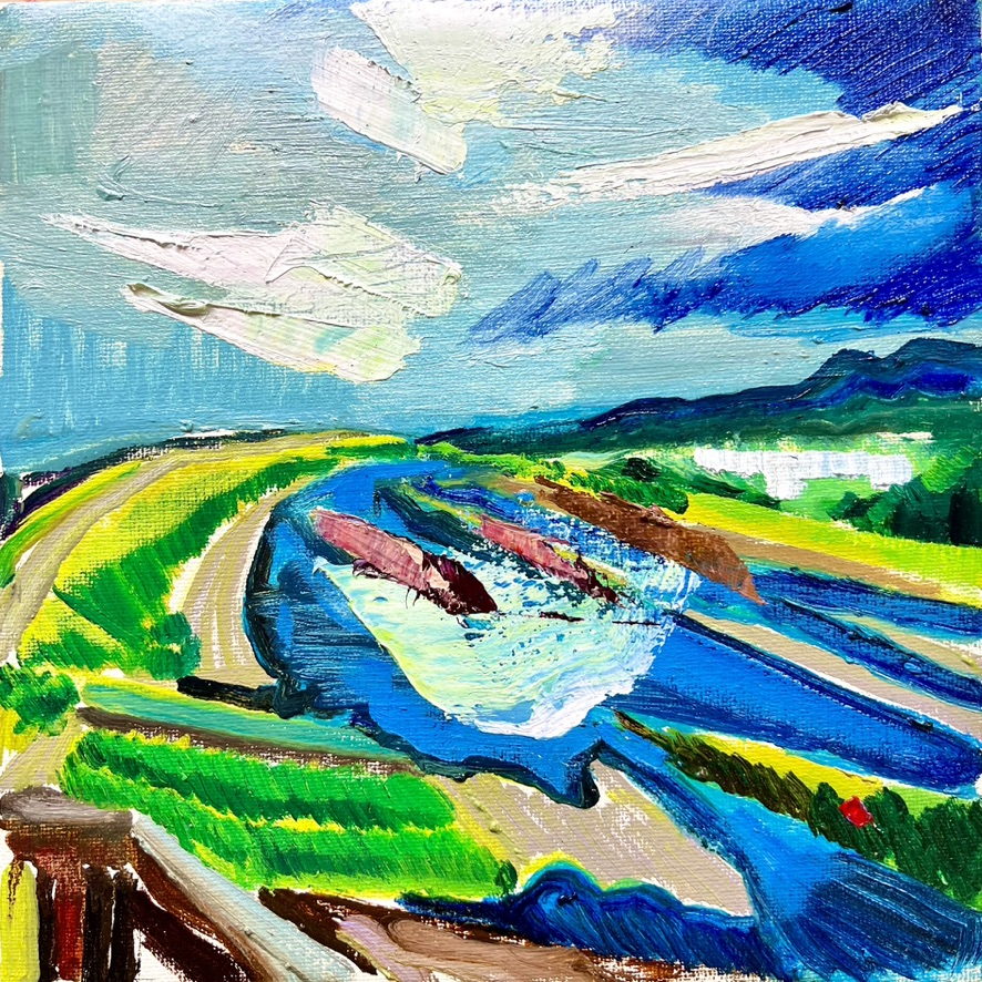 有名国際展作家「ポルトガルの小広場」風景/アクリル/油彩/小原雅夫