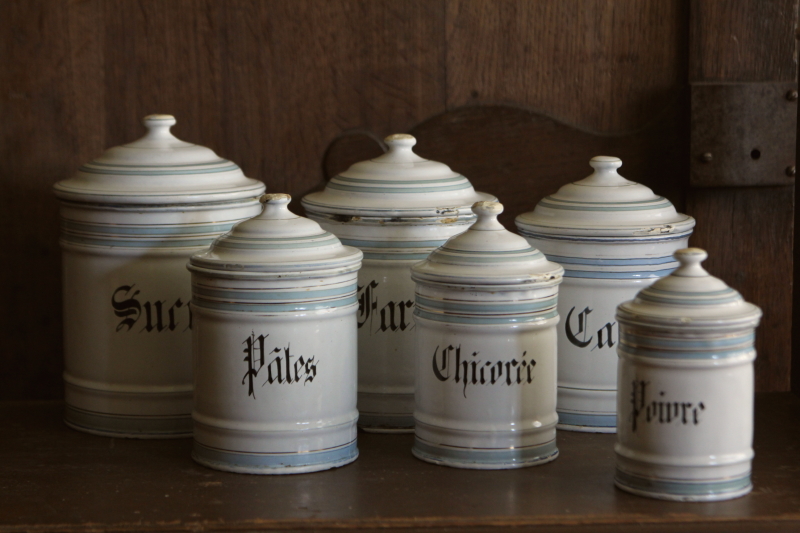 フランス アンティーク ホーロー キャニスター 3個 ブルー オレンジ