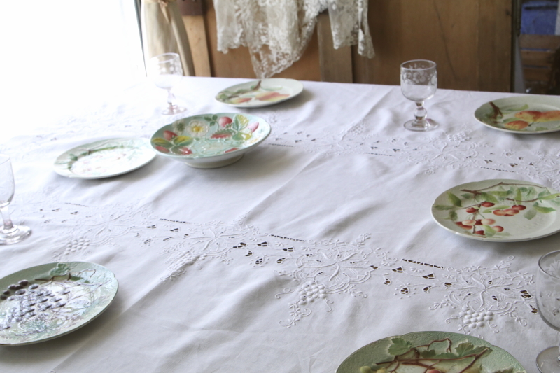 アンティーク フランス ロゼッタの花束 ボビンレース装飾 リネントレイ