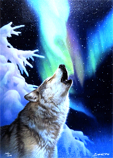 ☆狼 青い森 絵、版画 真作 ジョウナイトウ直筆 ジョウナイトウ