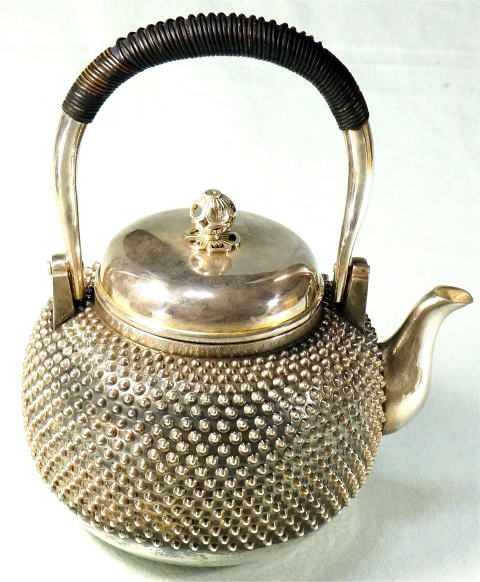 純銀製 光南 霰打出 湯沸 蕾摘 薬缶 銀瓶 煎茶道具 箱付