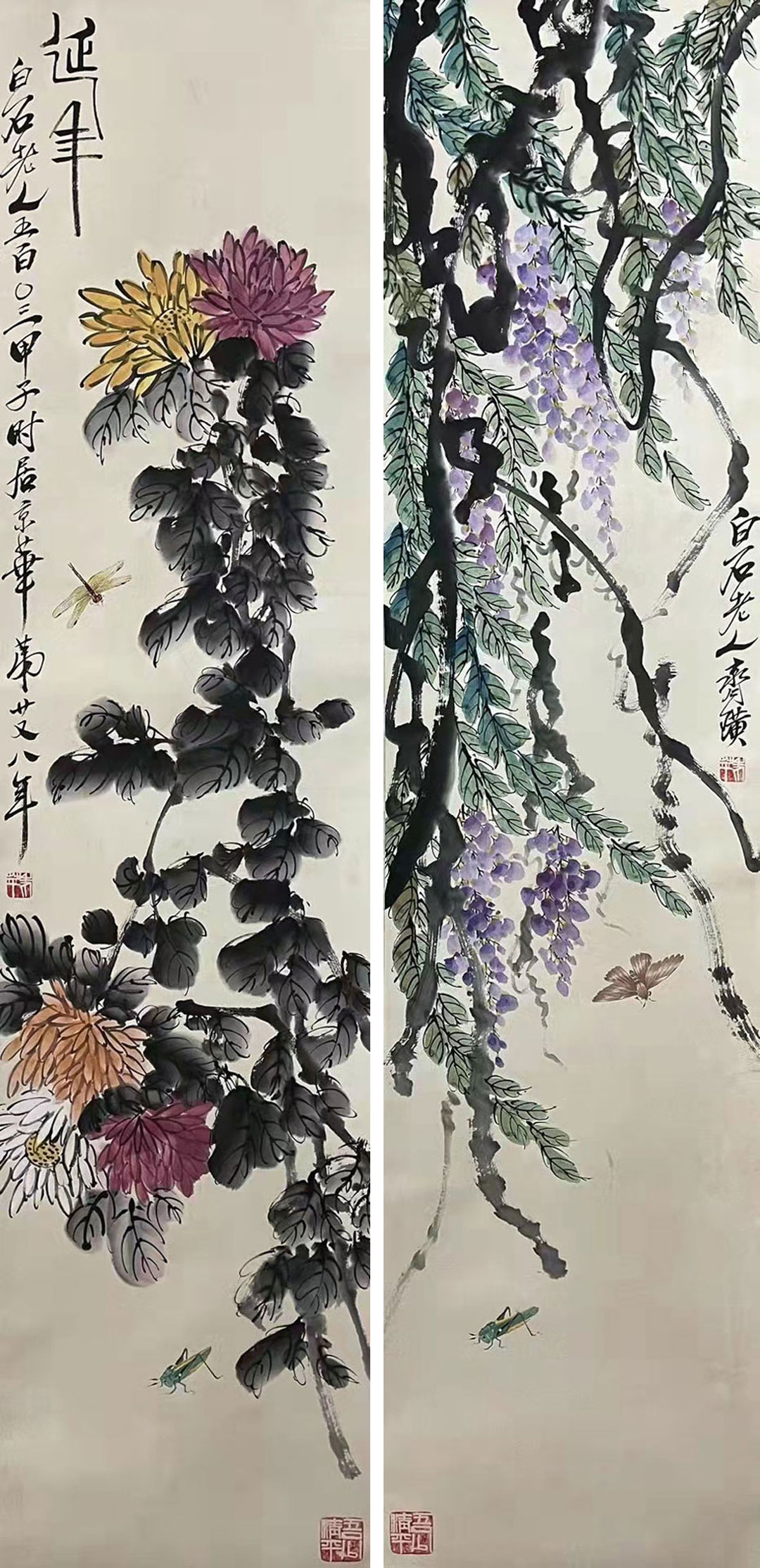 齐白石 草虫花卉図 三尺中堂 掛軸 装裱 鑑賞用 宣紙 インテリア美術