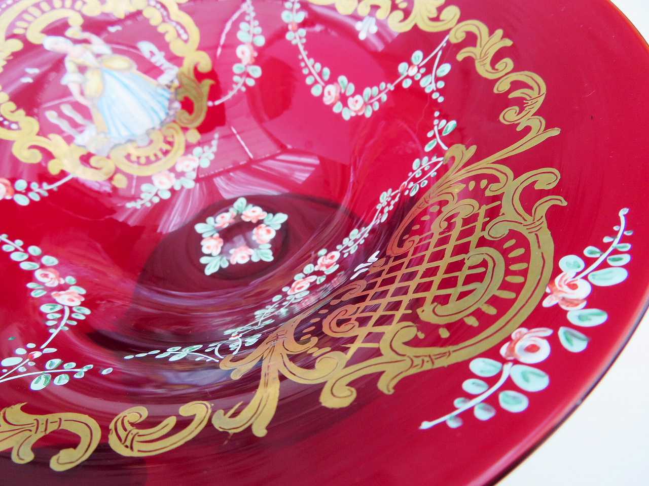 エナメル彩 ワトー画ヴェネチアンガラス コンポート - 薔薇と天使の