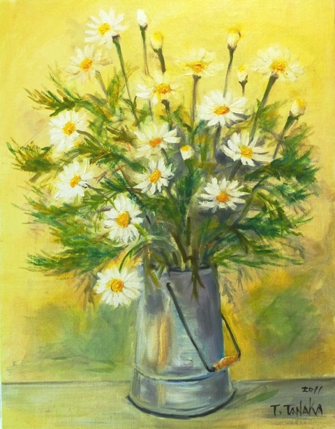K. Tanaka マーガレット 花束 油彩画 K. Tanaka マーガレット 花束