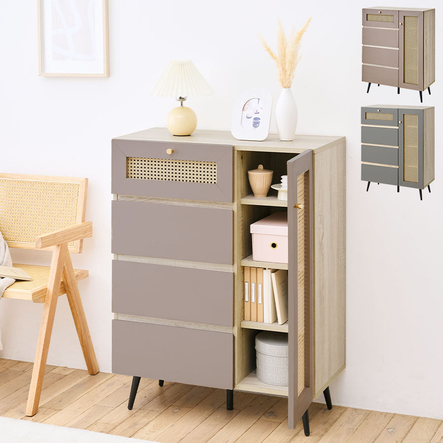 ラタン調 扉×引き出し付き チェスト 引き出し タンス おしゃれ Toffy