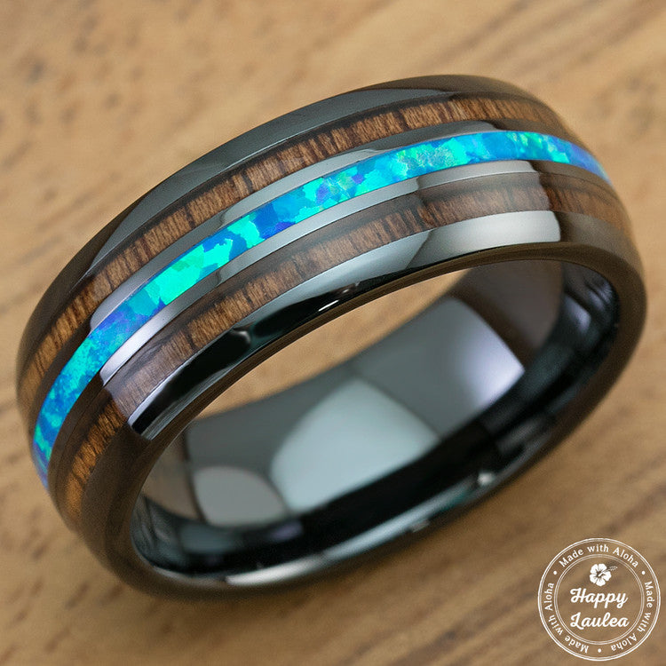 Hi-Tech Black Ceramic Ring With Blue Opal & Hawaiian Koa Wood Tri