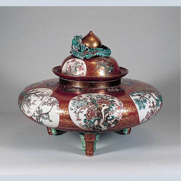 九谷焼 庄三造 金彩色絵『山水風景人物鳥花松梅文』瓢箪