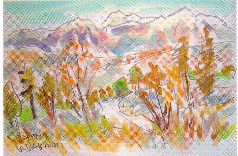 油彩 垣内カツアキ 「アルプスを望む秋の山村 F10」 油彩 垣内カツアキ