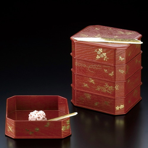 縁高重 朱塗 花鳥【販売】-茶道具は京都しみず孔昌堂