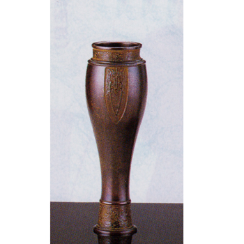 銅製 六角双耳飾花器 手彫唐木花台付 /金属工芸 唐銅 斑