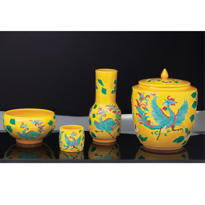 T971 皆具 『黄交趾釉 竹文』『平安 橋本城岳 造』 共箱 茶道具 T971