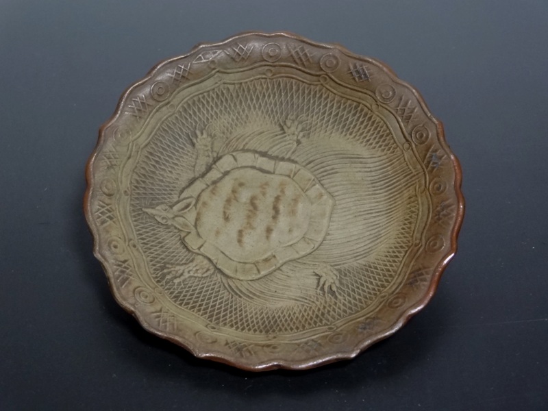 NO639 備前焼 煎餅皿 絵備前 古備前 宝尽くし文様 幕末～明治 5枚組