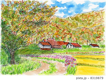 秋光作 里山風景画 日本画 色紙 秋光作 里山風景画 日本画 色紙 秋光作