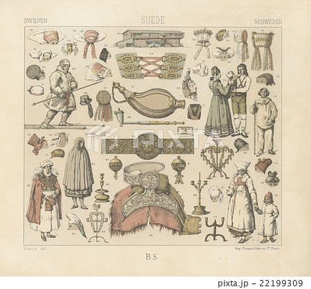 19世紀アンティーク・イラスト A.ラシネ「スウェーデンの服飾品」の