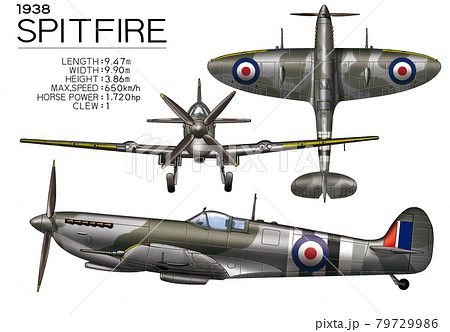 イギリス空軍主力レシプロ戦闘機「スピットファイア」のvectorイラスト