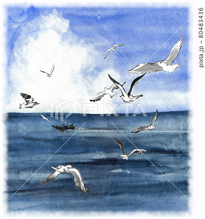 水墨画技法で描かれた海と雲とカモメのイラスト素材 [80483436] - PIXTA