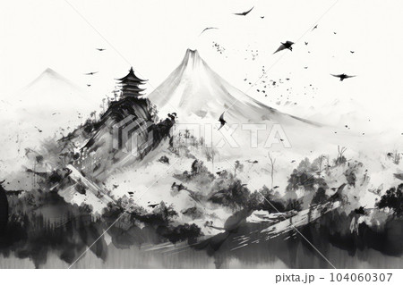 岩山と寺院の水墨画のイラスト素材 [104060307] - PIXTA