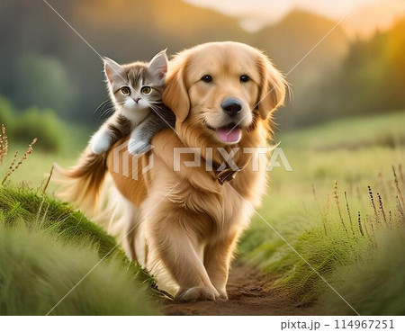 ゴールデンレトリバーと子猫の絵 ゴールデンレトリバーと子猫の絵